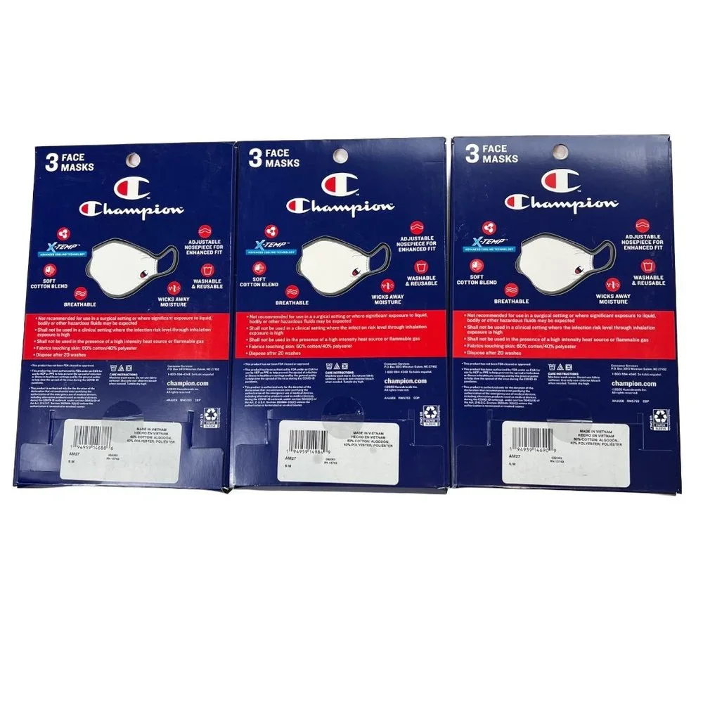 Champion 9 Adult‎ Face Masks 3 Boxes Of 3 Black, Navy, Concrete S/M Reusable
